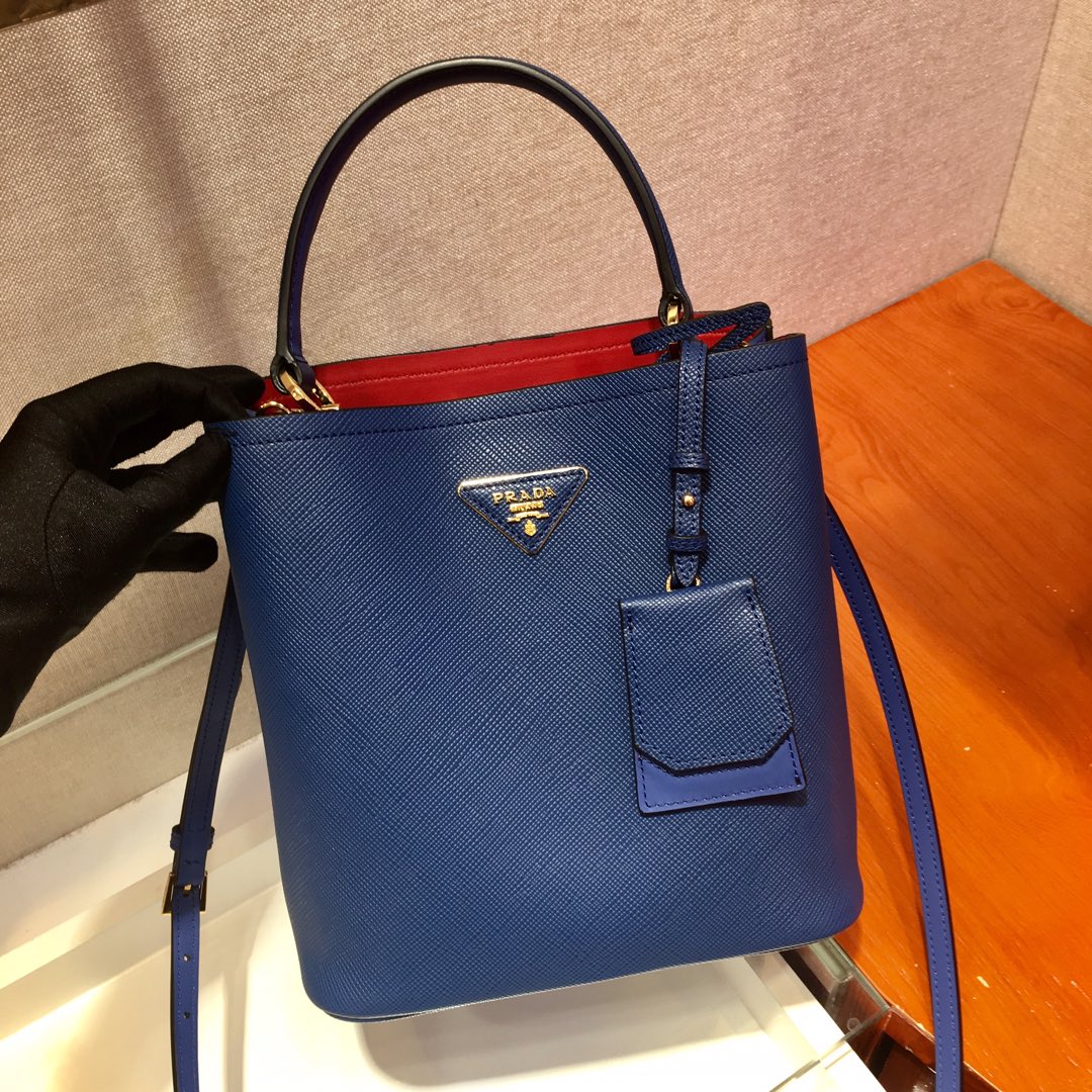 Prada Medium Panier Saffiano Leather Bag Blue/Black 1BA212